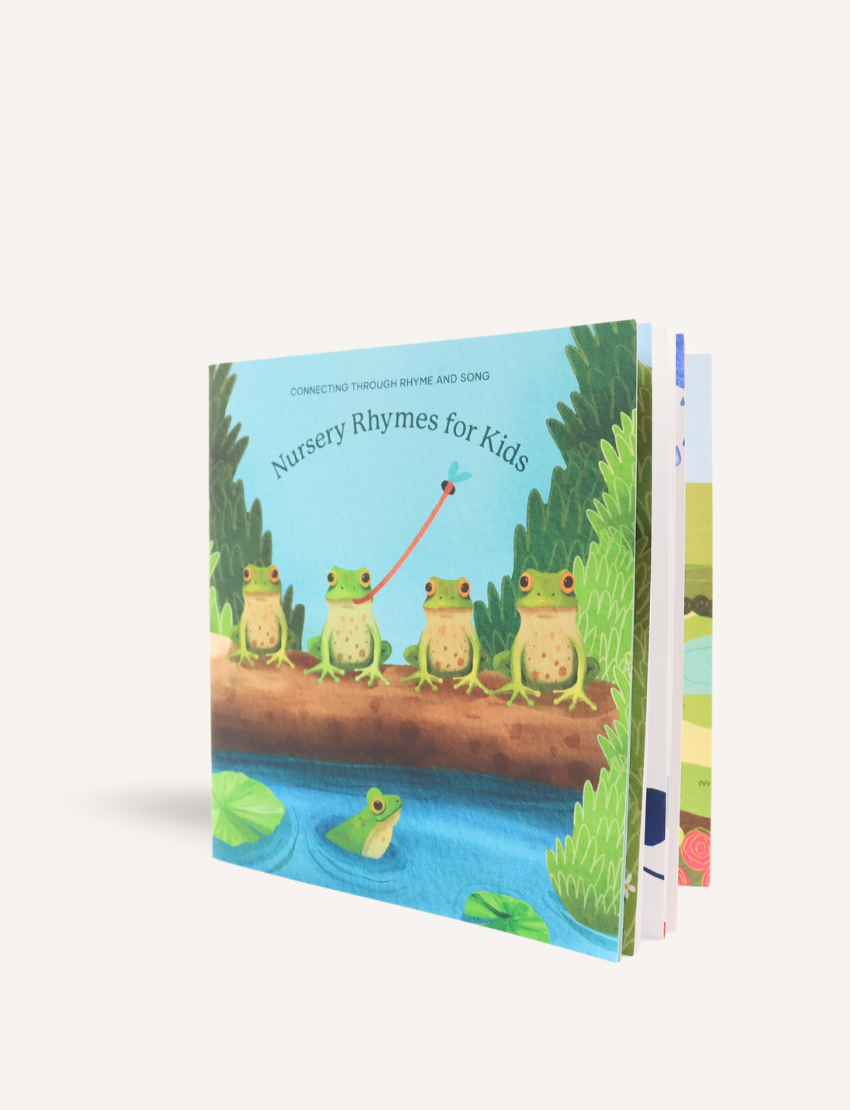 Sensory Play Australia Nursery Rhymes for Kids Storybook, with a vibrant cover illustration of frogs, encouraging language development.