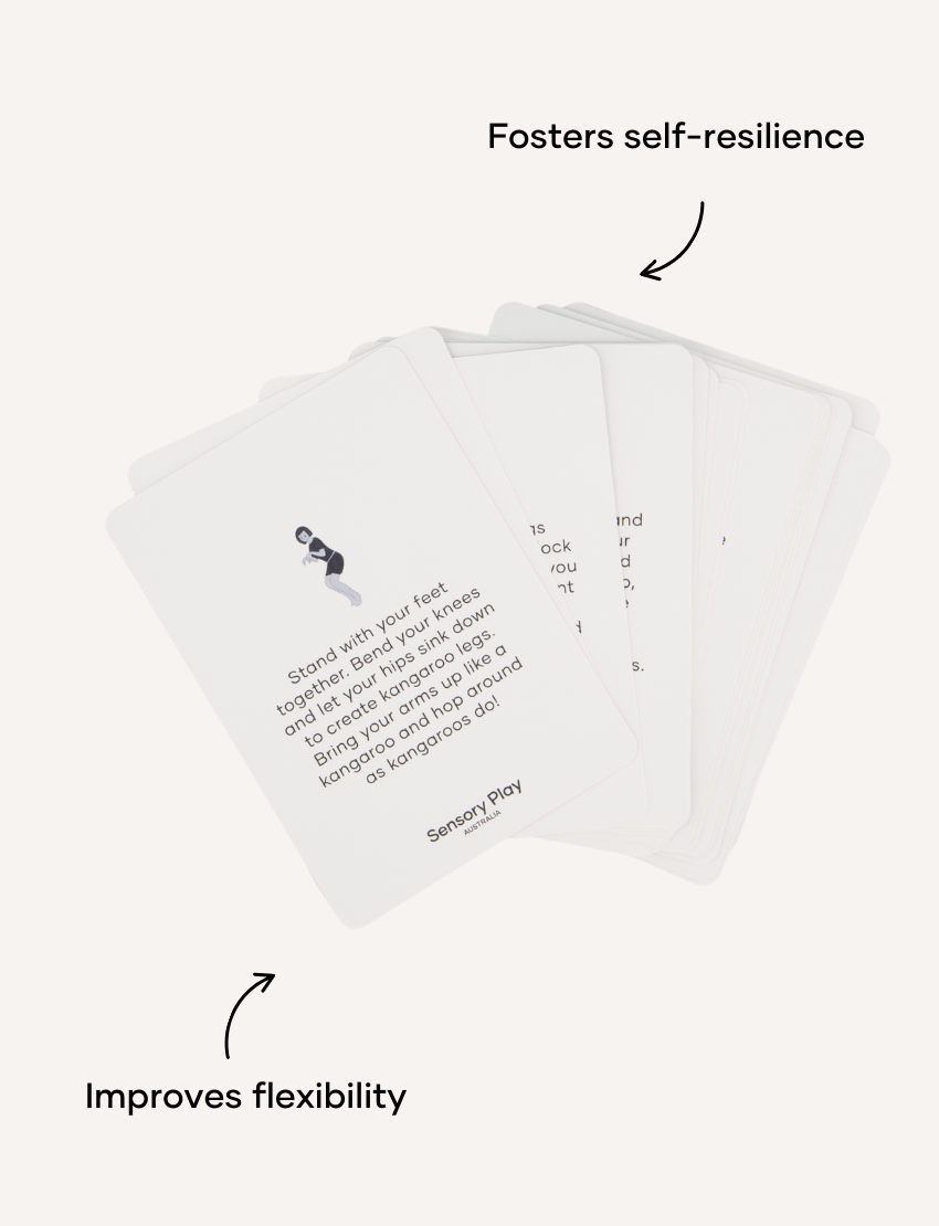 Sensory Play Australia Yoga Cards showing pose instructions, like the kangaroo, to improve flexibility and self-resilience.