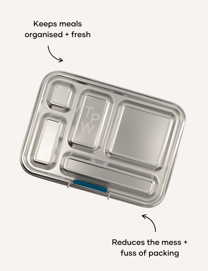 Open The Play Way stainless steel Lunch Buddy Bento box with blue silicone inserts and multiple compartments for organized meals.