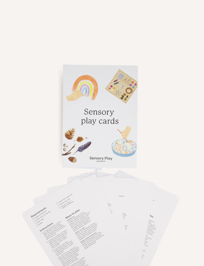Detailed Sensory Play Cards by The Play Way, fanned out to reveal instructions for interactive sensory regulation activities for kids.