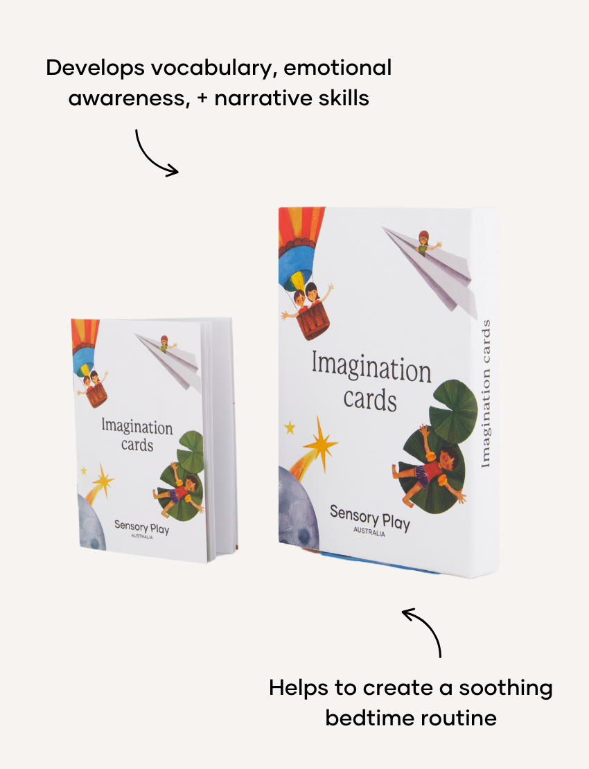 Sensory Play Australia Imagination Cards set in two box sizes, inspiring creativity and storytelling for children's development.