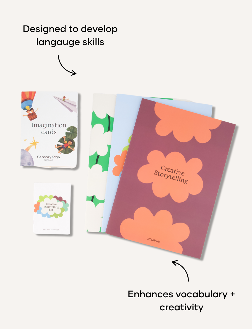 Sensory Play Australia Creative Storytelling Set, including Imagination Cards and journals, helps develop language skills & creativity.