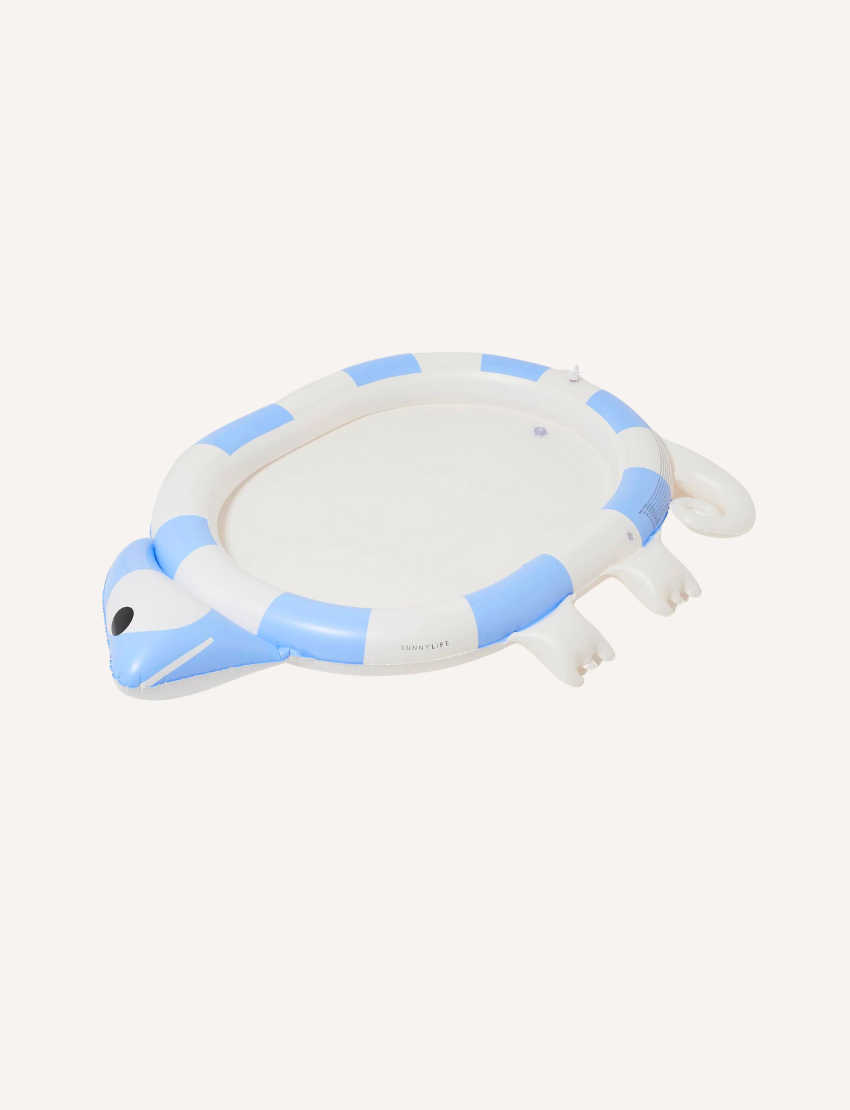 Inflatable blue & white striped turtle sprinkler mat from The Play Way Sensory Regulation Kit, ideal for refreshing outdoor water play and tactile input.