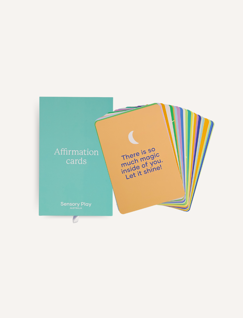 The Play Way Regulation Card Set Bundle features therapist-designed Affirmation Cards in a teal box, promoting self-esteem and emotional regulation.