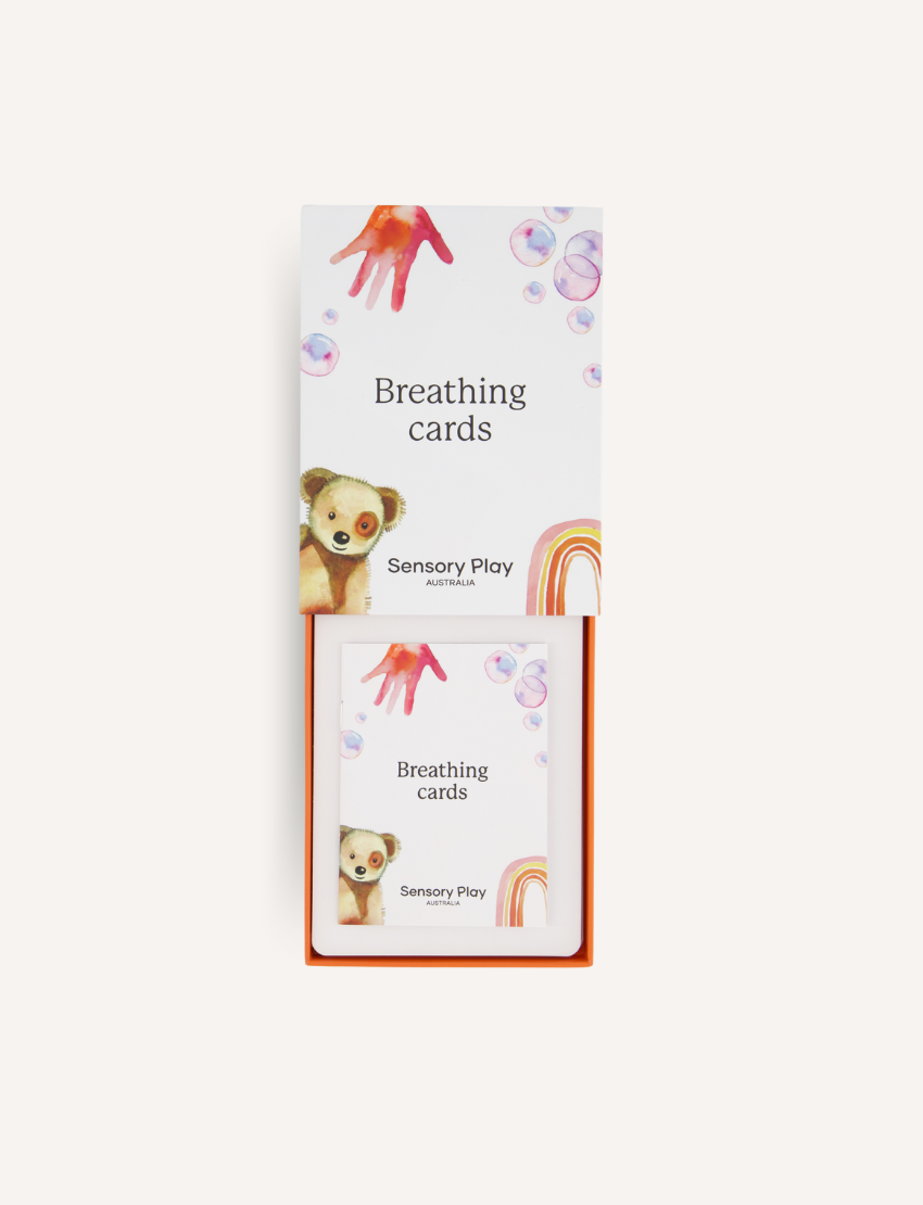 The Play Way Breathing Cards box, featuring a teddy bear, bubbles, and rainbow. Aids children's calm, focus, and emotional regulation.