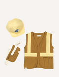 Children's construction worker costume: brown vest with yellow stripes, yellow cap, and tool belt.