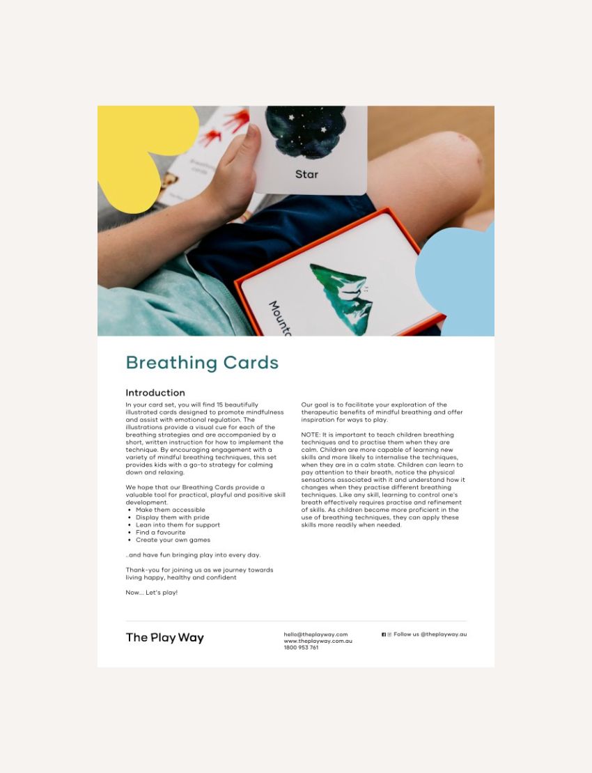 Close up of Breathing cards product packaging and description page for The Play Way.