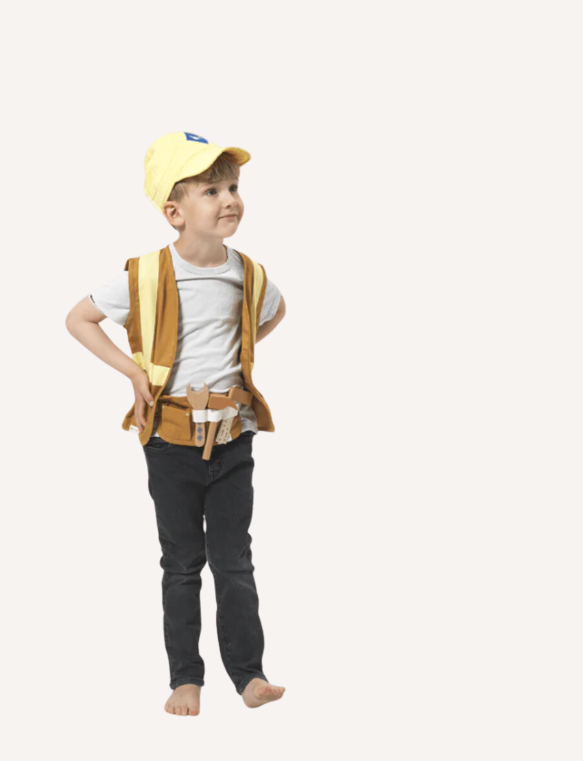 Children's construction worker costume: brown vest with yellow stripes, yellow cap, and tool belt.