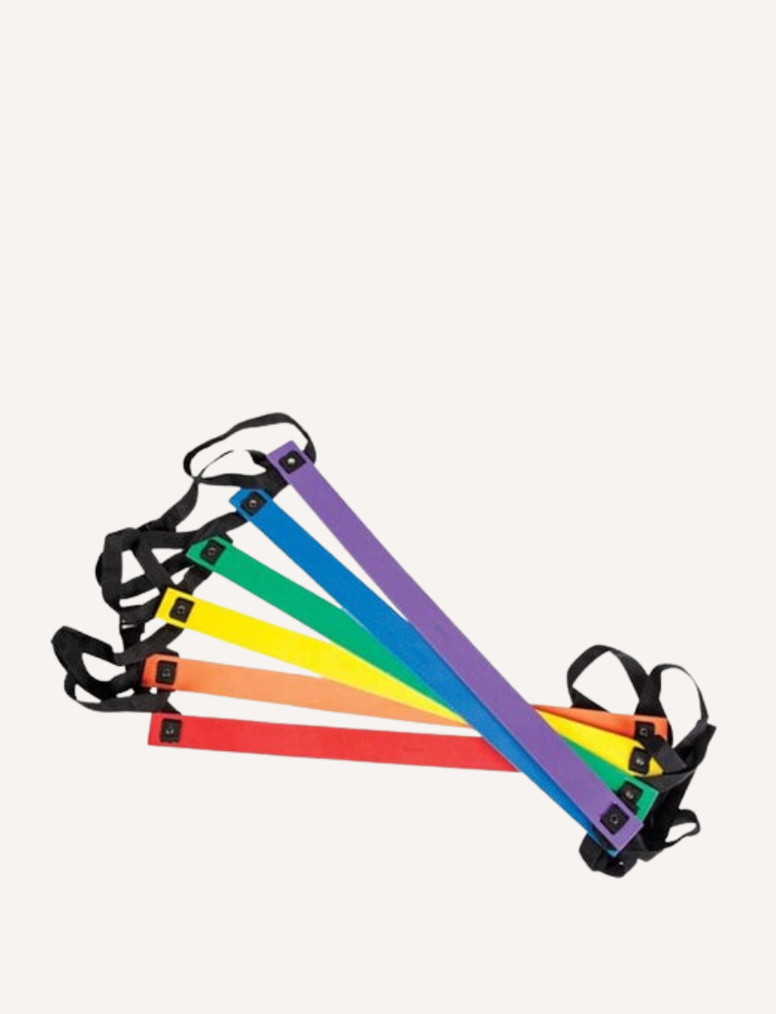 Colorful agility ladder with 6 rainbow-colored straps, perfect for sports training and kids' fitness.