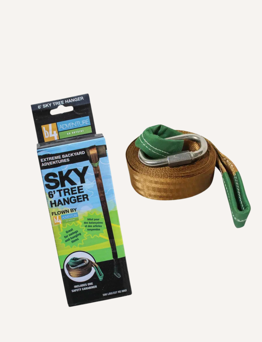 Slackers 6' Sky Tree Hanger product packaging and the tree hanger strap with carabiner.