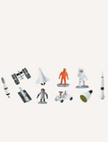 Safari Ltd Space TOOB figures: astronauts, rover, shuttle, and rockets laid out on a white background.