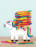 Pony Pile-Up Balancing Game with colorful wooden blocks stacked high on a unicorn.