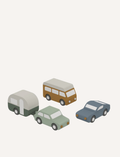 Set of four wooden toy vehicles: camper van, car, and two other cars, on a white background.