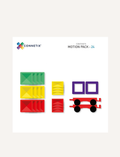 Connetix 24-Piece Magnetic Tile Motion Pack contents: green, yellow, red squares, triangles and a red train base with wheels.