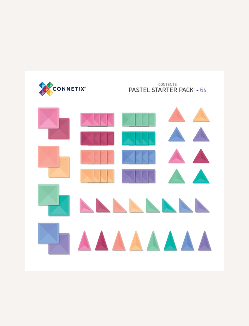 Connetix Pastel Starter Pack 64 pieces: Showcases squares and triangles in soft pastel shades of pink, blue, green.
