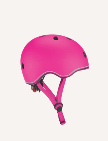 The Globber Toddler Helmet with Flashing LED Light comes in pink, featuring black ventilation holes, a chin strap, and impact-absorbing foam. Its smooth, rounded design is perfect for cycling or skateboarding. Suitable for sizes XXS/XS (45-51cm).