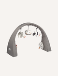 Grey activity gym with hanging plush elephant, striped zebra, and speckled ball for baby play