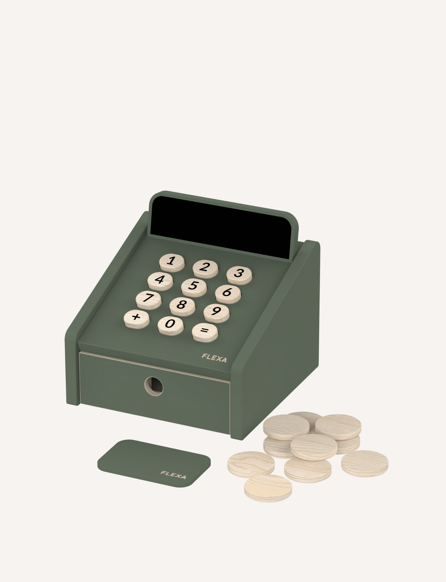Green Flexa wooden toy cash register with wooden coins and a play card.