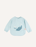Baby Bib: long-sleeved, waterproof, light blue with an Elphee elephant print and food pocket.
