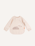 Baby Bib: long-sleeved, waterproof, powder beige with an Ozzo hippo print and food pocket.