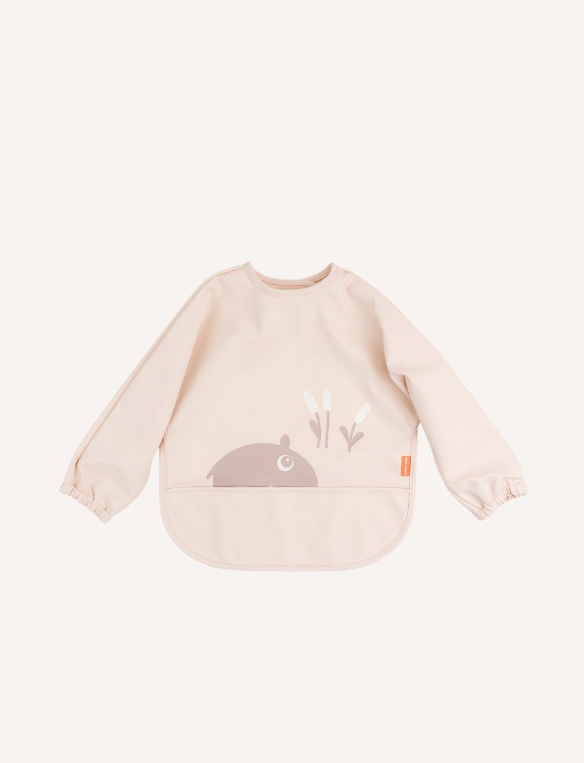 Baby Bib: long-sleeved, waterproof, powder beige with an Ozzo hippo print and food pocket.