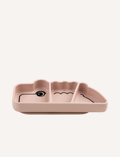 Light pink silicone crocodile plate with three sections and a suction base, with 'donebydeer' logo visible.