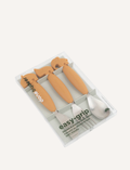 Mustard yellow easy-grip cutlery set with animal handles, packaged in clear plastic.