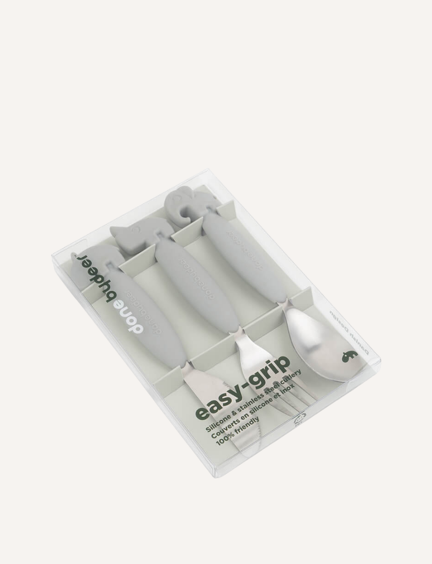 Grey easy-grip cutlery set with animal handles, packaged in clear plastic.