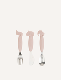 Powder pink silicone and stainless steel easy-grip cutlery set with animal handles.