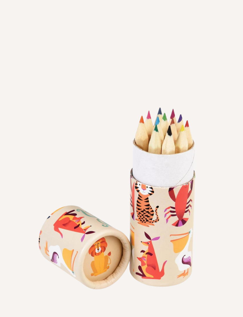 A tube of colored pencils with a fairy-themed design, with one pencil laid out.