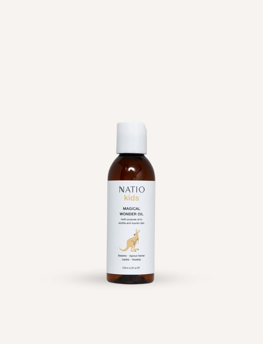 Natio Kids Magical Wonder Oil bottle and box, featuring a kangaroo illustration.