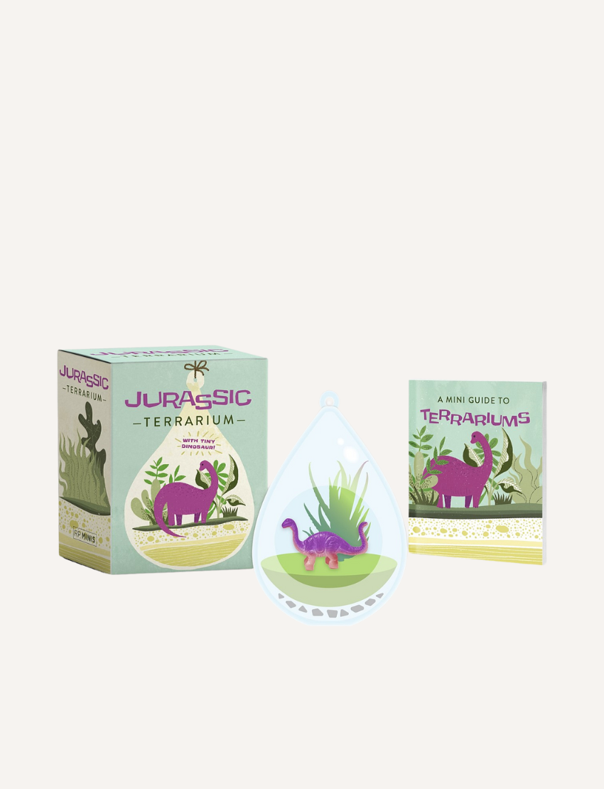 Jurassic Terrarium Kit with mini purple dinosaur toy, box and guide book.