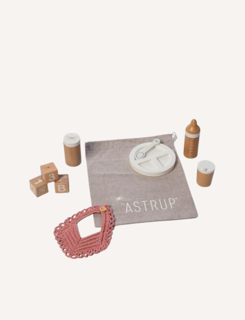 Wooden doll feeding role-play set with blocks, bottle, cups, bib, and feeding plate.