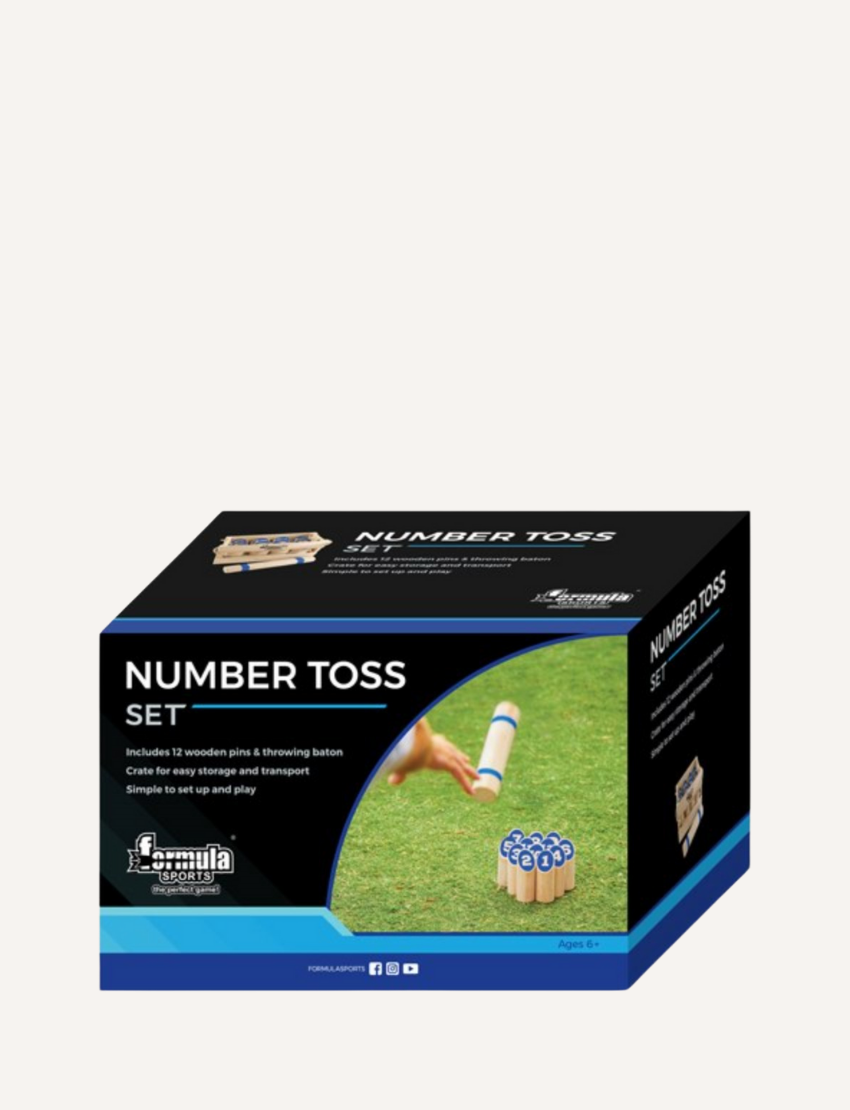 Box packaging for the 'Number Toss Set' outdoor game with wooden pins and baton.