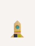 Wooden Tsumiki Blocks assembled into a colorful rocket ship, showcasing creative building possibilities.