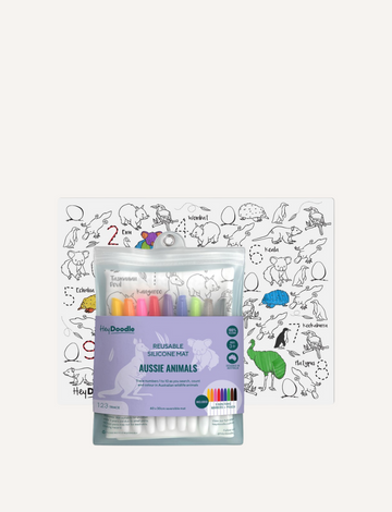 The Play Way's HeyDoodle reusable silicone mat, featuring Australian animals and numbers, with vibrant markers for learning.