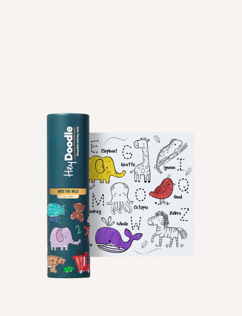 HeyDoodle Mini Mat with jungle animals and alphabet letters, packaged in a tube.