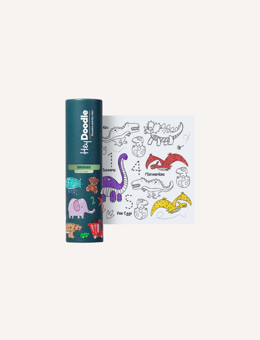 HeyDoodle Mini Mat with dinosaurs and numbers, packaged in a tube with markers.