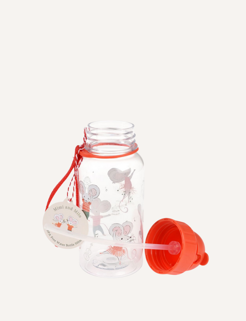 Rex London 'Mimi and Milo' children's drink bottle with a red lid and straw, featuring dancing mice.