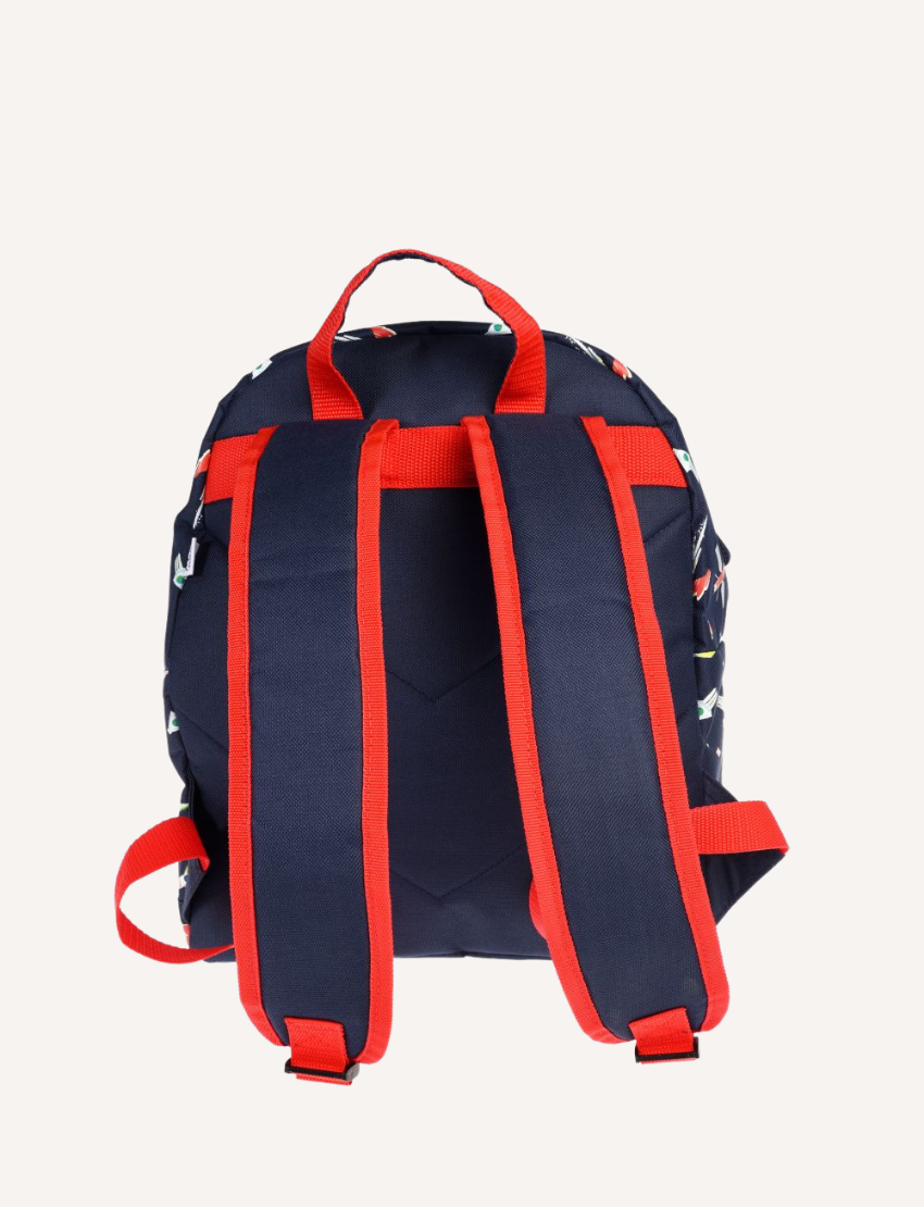 Back view of the Rex London 'Space Age' children's backpack with navy blue fabric and red trim on straps.