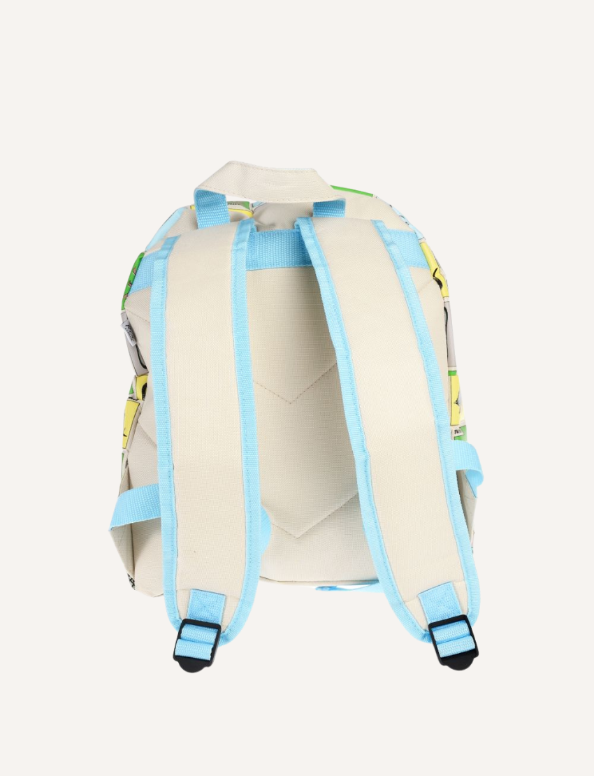 Rex London 'Prehistoric Land' children's backpack featuring a colourful dinosaur print and educational labels.