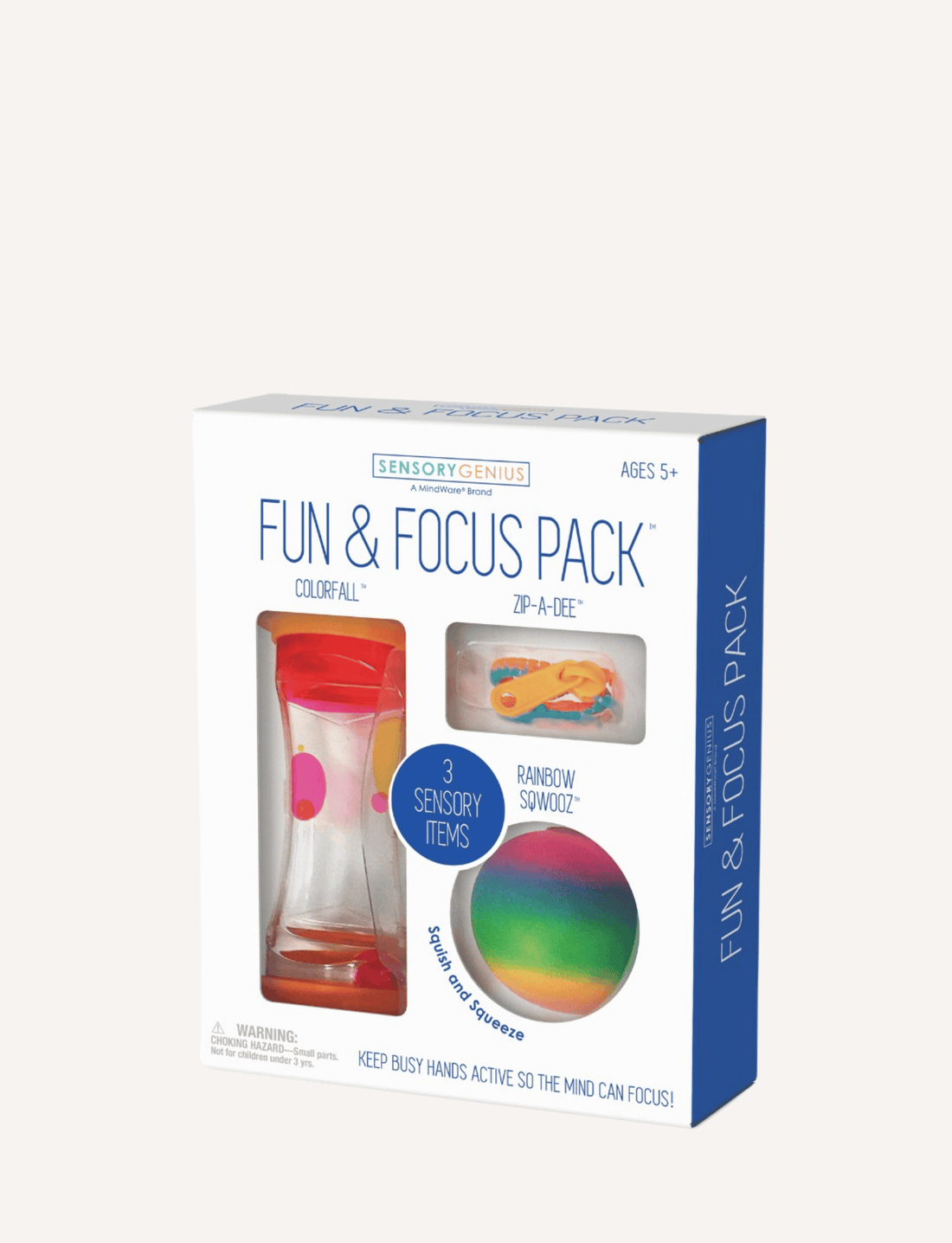 Sensory Genius Fun & Focus Pack front packaging, showcasing three sensory items: Colorfall timer, Zip-a-Dee, and Rainbow Sowdoz squishy.