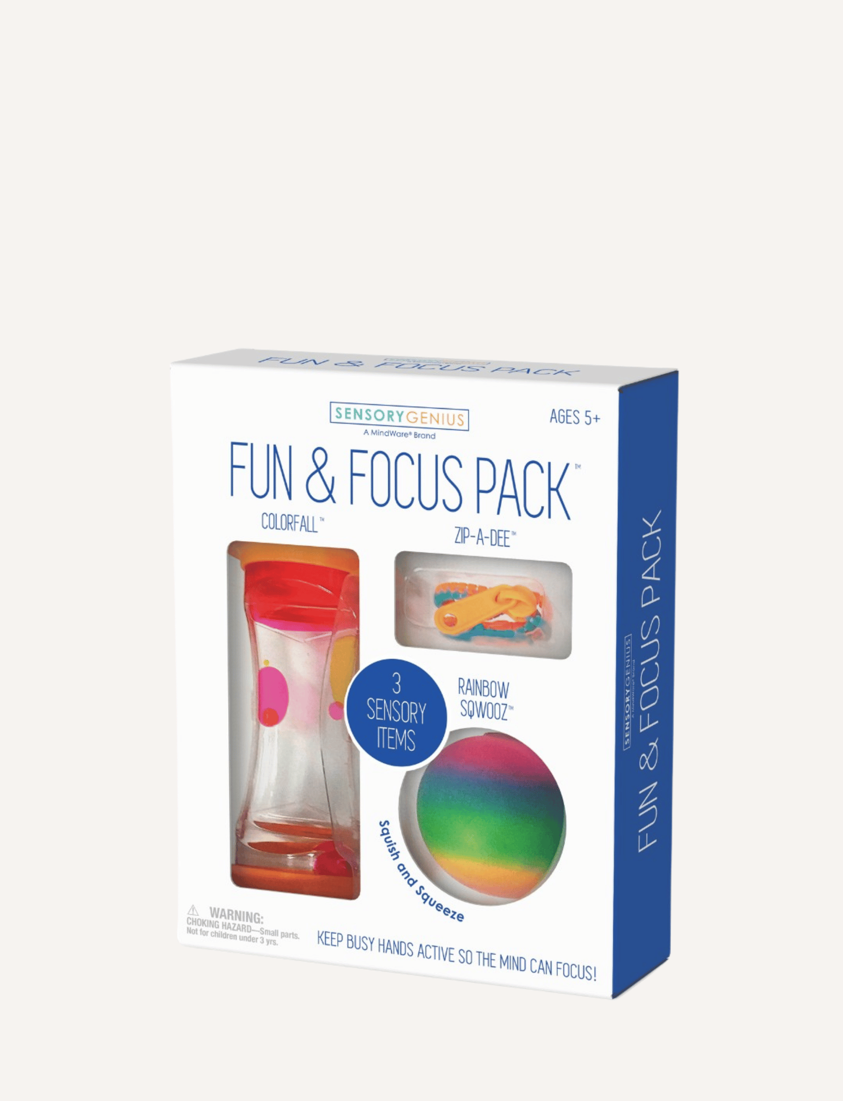 Sensory Genius Fun & Focus Pack front packaging, showcasing three sensory items: Colorfall timer, Zip-a-Dee, and Rainbow Sowdoz squishy.