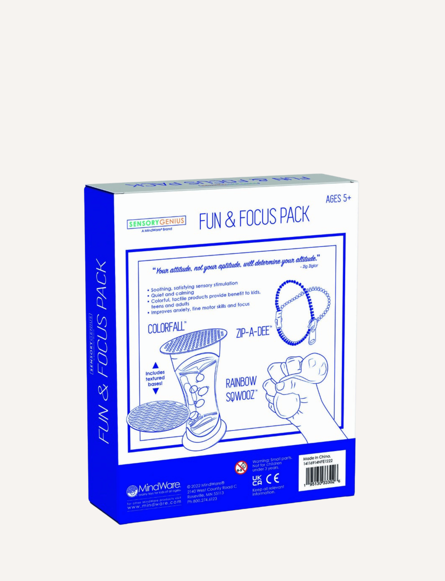 Sensory Genius Fun & Focus Pack back packaging, listing contents like Colorfall, Zip-a-Dee, and Rainbow Sowdoz.