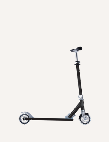 Black FLOWELEMENT scooter with light-up wheels, standing upright, angled slightly.