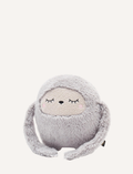 Fluffy grey plush toy with sleepy eyes and arms resting, on white background.