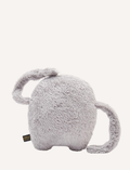 Fluffy grey round plush toy with arms and a tag, viewed from the back.