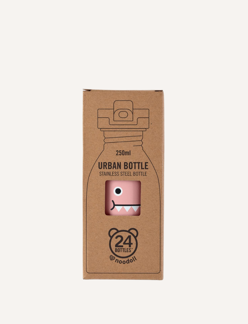Cardboard packaging for an 'URBAN BOTTLE' stainless steel water bottle, featuring a pink dinosaur design.