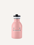 A pink stainless steel water bottle with a black straw lid and a friendly dinosaur face.