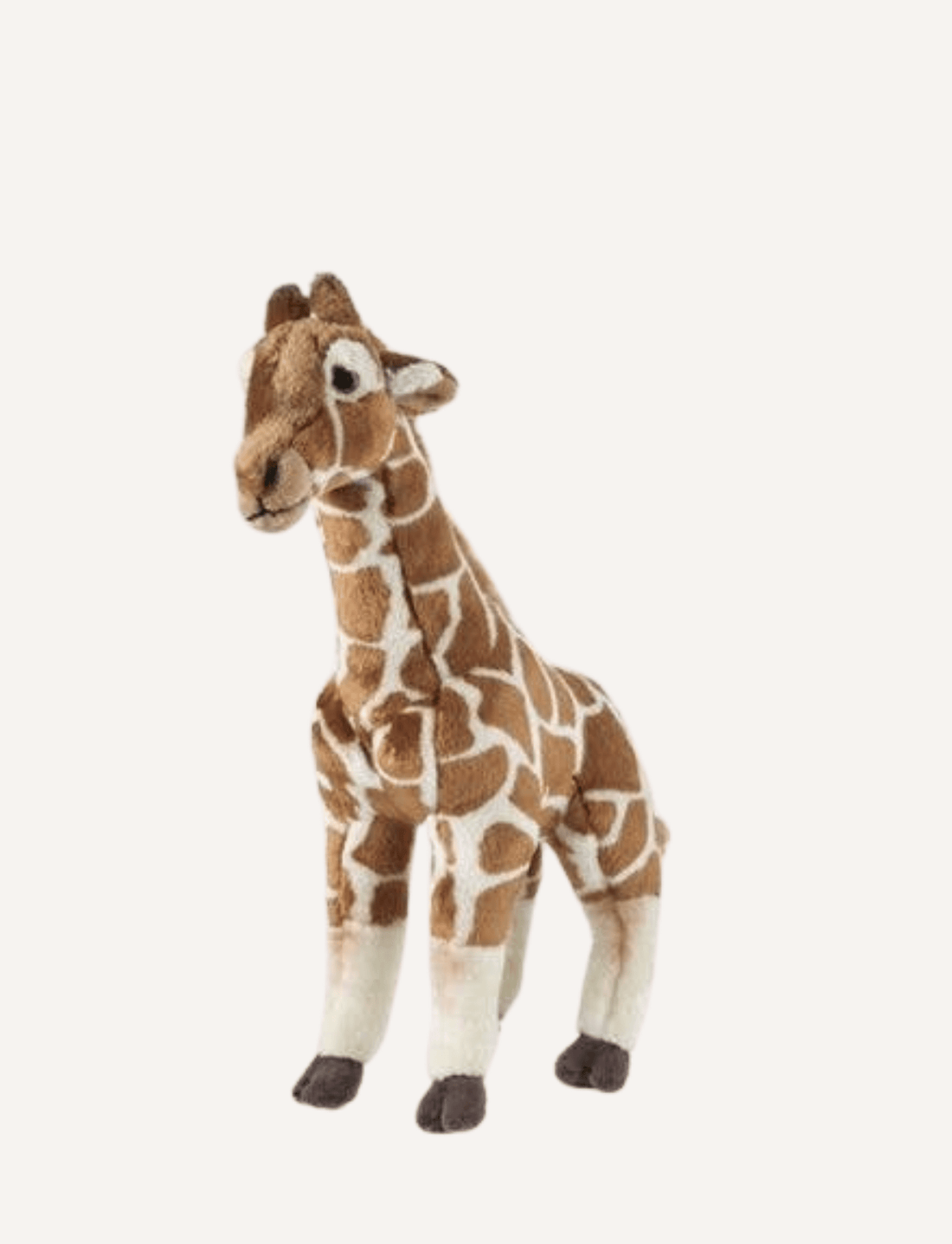 Standing plush toy giraffe with brown and white patterned spots.